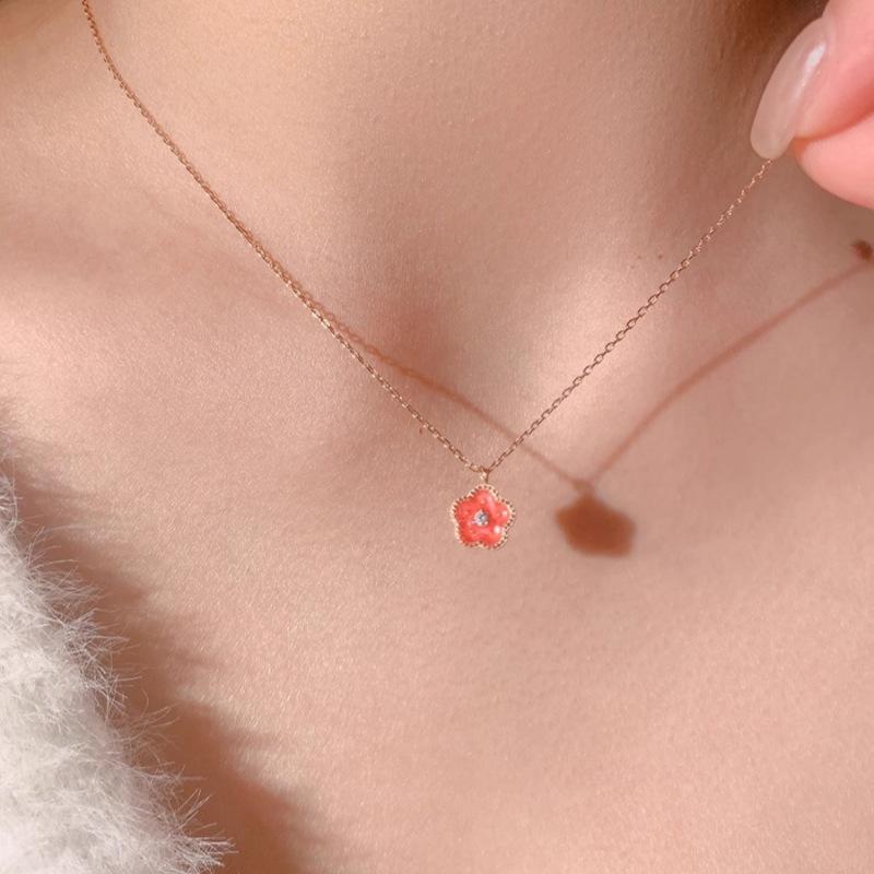 925 Sterling Silver Pink Peach Blossom Necklace Female Korean Version New Accessories Sweet Temperament Flower Neck Chain