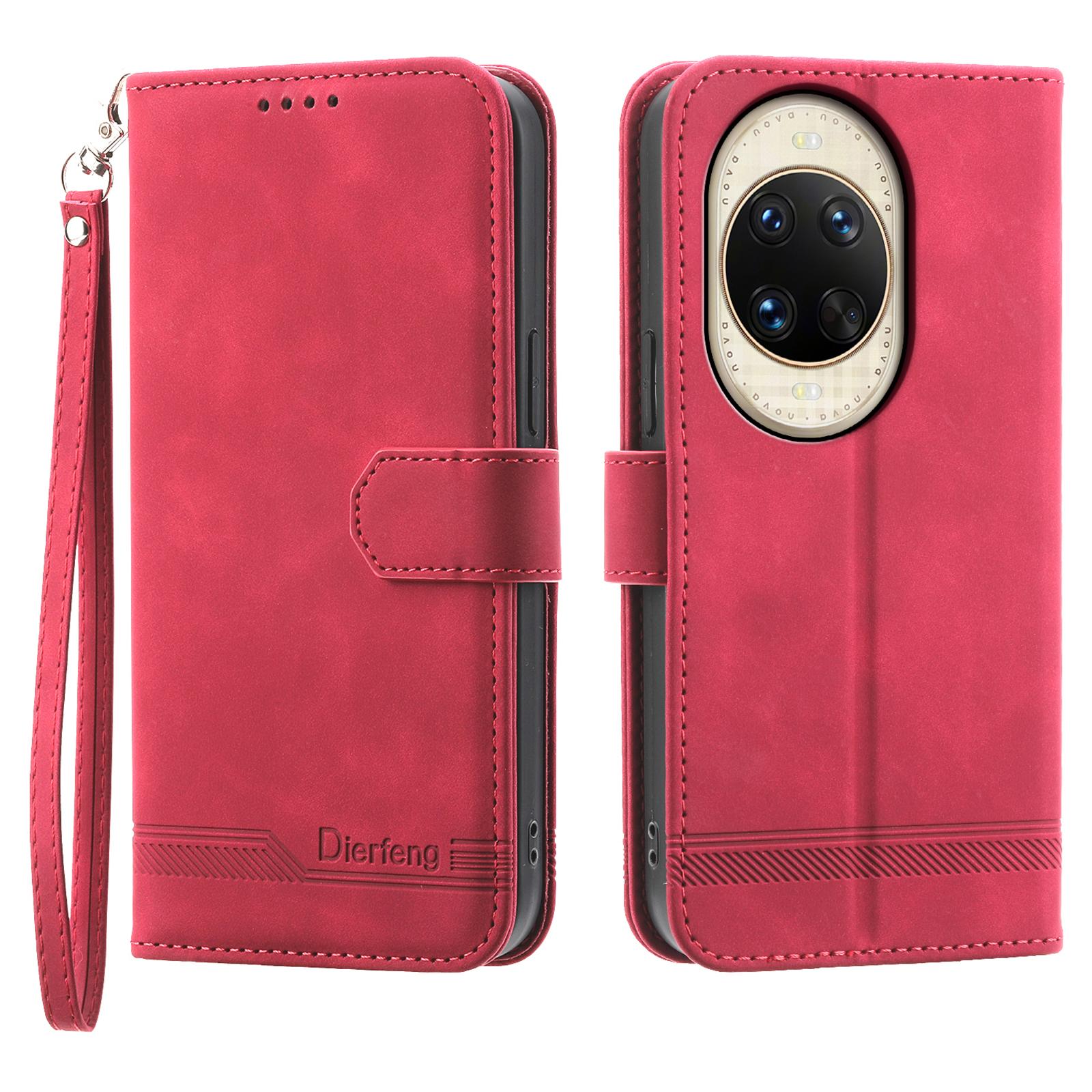 

DIERFENG DF-03 For Huawei nova 14 Ultra 5G Case Lines Imprint Wallet Leather Phone Cover with Wrist Strap Red