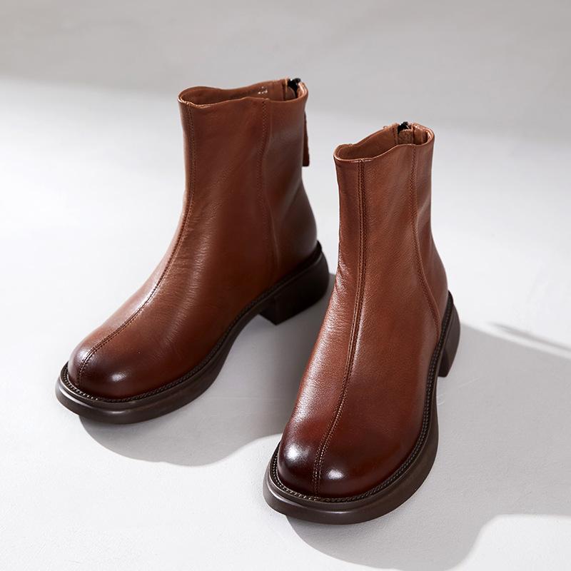 First layer cowhide Chelsea boots women's 2025 autumn and winter new khaki retro leather short boots women's leather boots