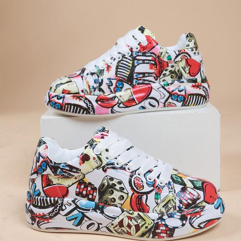 Fashion Women's Casual Sneakers 2025 Fashion New Painted Graffiti Lace Up Sports Shoes for Women Flat Pu Leather Ladies Running Shoes