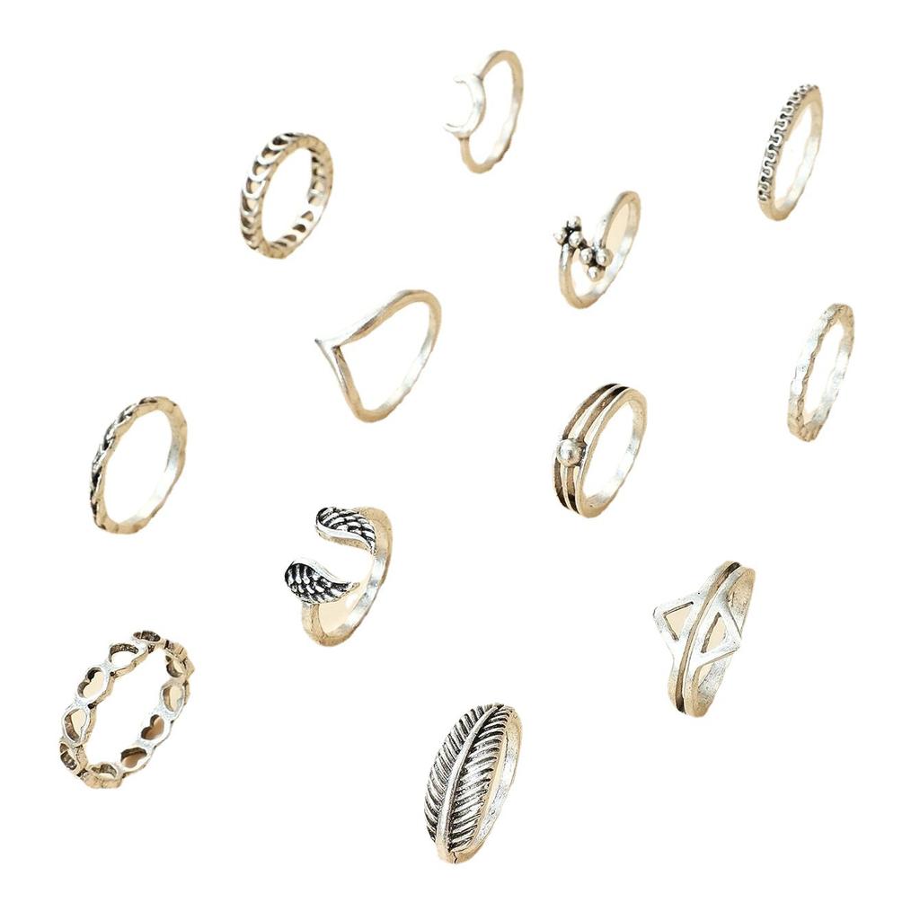 Vintage V-shaped Wing Joint Ring, Moon Love Leaf 12-piece Ring Set