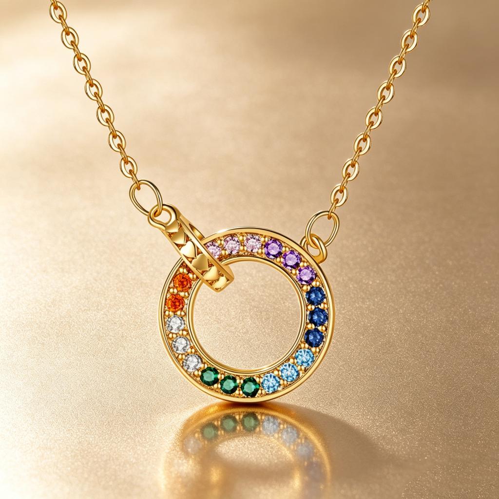 Simple Female Rainbow Zircon Stone Skeleton Round Pendant Necklace Silver Gold Color Wedding Jewelry For Women