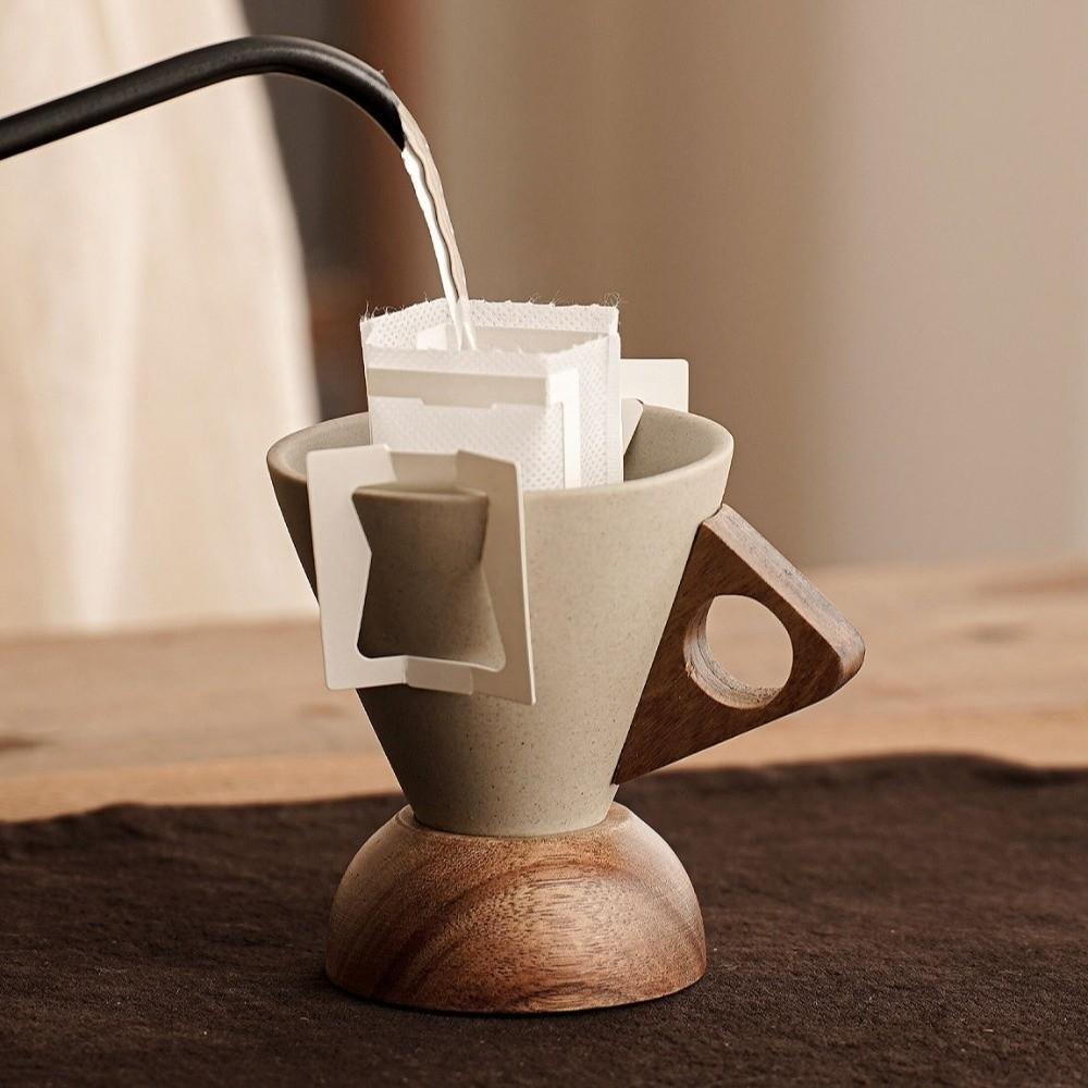 Coarse Ceramic Triangular Cone Cup Wooden Base Retro Style Japanese Ceramic Mug Tea Cup Handmade Funnel Coffee Mug Gift Giving
