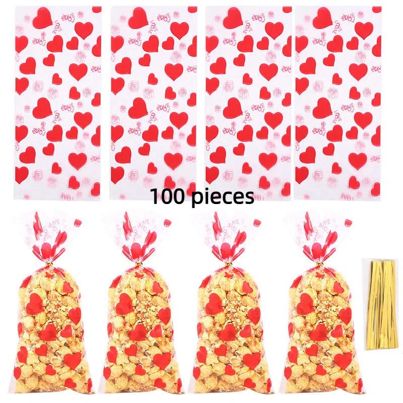 30/50/100Pcs Transparent Plastic OPP Bags Red Heart LOVE Printed Gift Bags With Golden Ties For Valentine'S Day And Couples