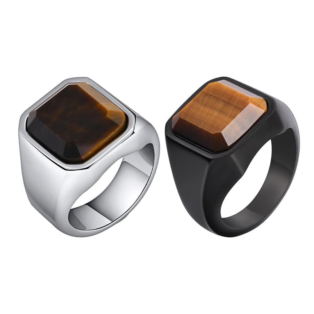 Vnox Tiger Eye Stone Ring for Men, Geometric Square Stainless Steel Metal Finger Ring, Stylish Ring Band Wedding Gift Size 7-12