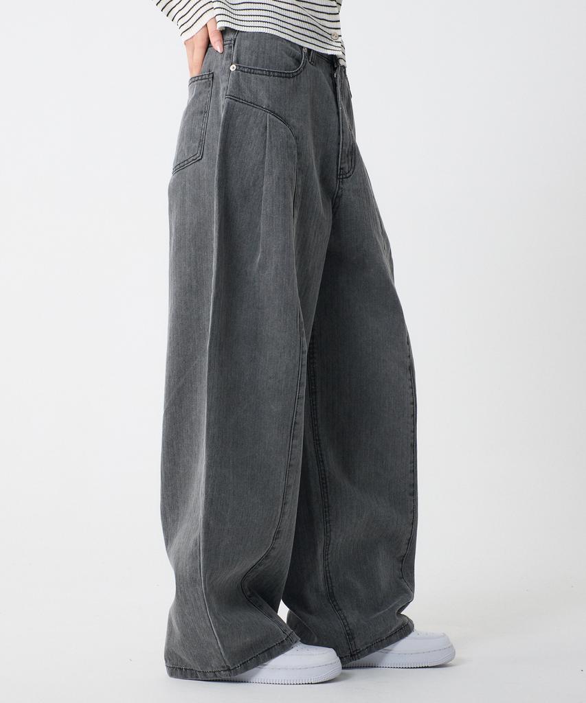 UNKNOWN PLANET Side Cut Tuck Pleat Wide Pigment Cotton Pants Gray