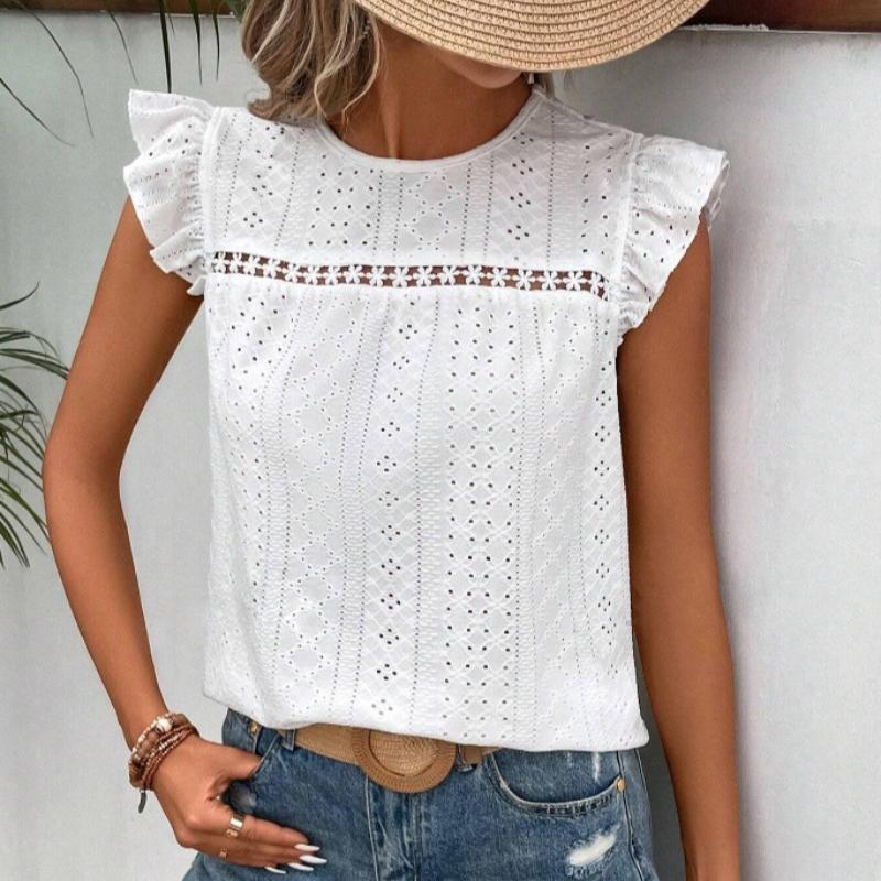 Summer New Round Neck Hollow Loose Lace Shirts Women Elegant Solid Ruffled Short Sleeve Casual Blouse Women Tops Slim Fit Vintage Fashion Shirt 26600