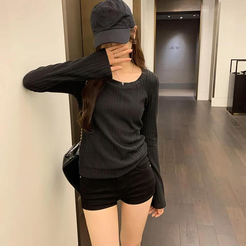 Stylish Korean Solid Color Slim T-shirts Autumn New All-match Round Neck Women's Clothing Brushed Casual Long Sleeve Pullovers