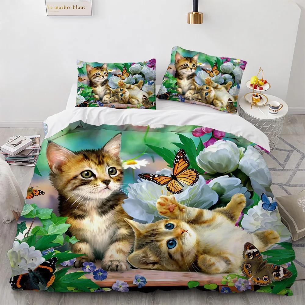 Watercolor Cat Duvet Cover King Queen Pet Kitty Bedding Set For Teens Adults Blue British Shorthair 2/3Pcs Polyester Quilt Cover
