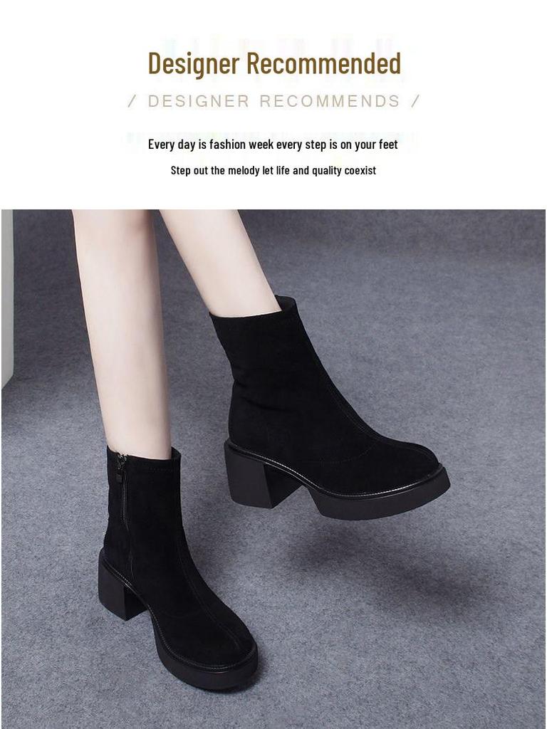 Women's Chunky Heel Ankle Boots - Matte Sheepskin, Thick Sole, Round Toe, Versatile for Autumn and Winter