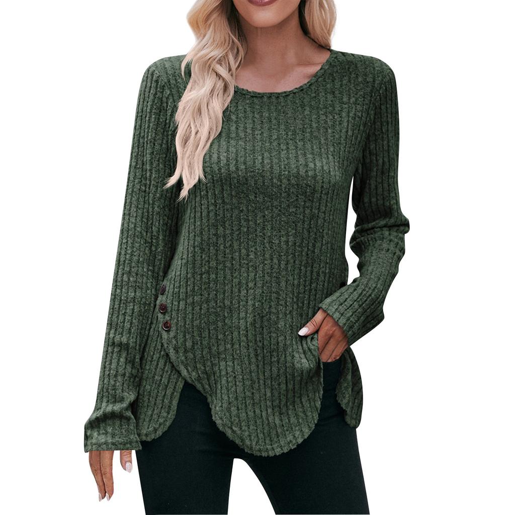 Women's Winter Tops Long Sleeve T-Shirt Round Neck Color Fashion Button Tops
