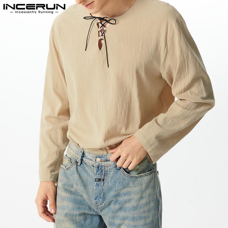 

INCERUN Vintage Men Long Sleeve Solid Color Lace Up Casual Shirt Tops 2XL