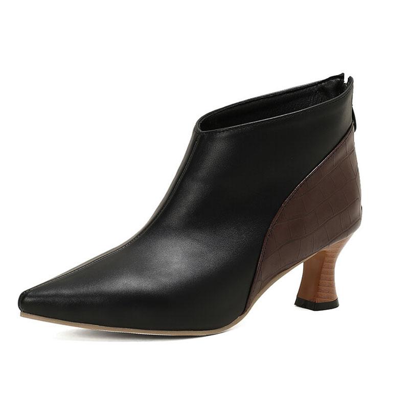 Women Pumps Fashion Leather Shoes Back Zipper Spring Autumn Short Ankle Boots Lady Patchwork Design Pointed Toe Booties WSH5043