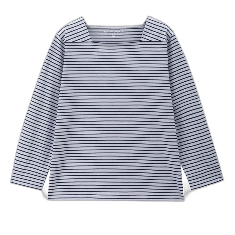Giordano Women s Nautical Striped Square Neck Cotton T-Shirt L