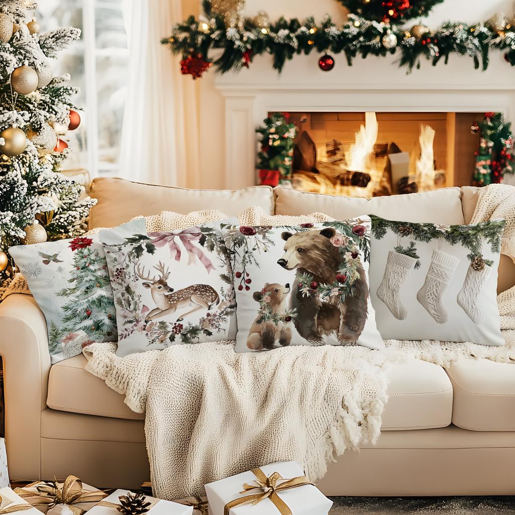 Watercolor Christmas Decor Pillowcase Printed Polyester 45x45cm Throw Pillowcover Decorative Sofa Cushion Pillowslip Home Decor