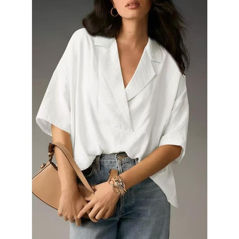 Women s Summer Short Sleeve Shirt New Short Sleeve Lapel Casual Loose Solid Color Women s Blouse Fashion Simple Elegant Office Ladies Shirts S белый