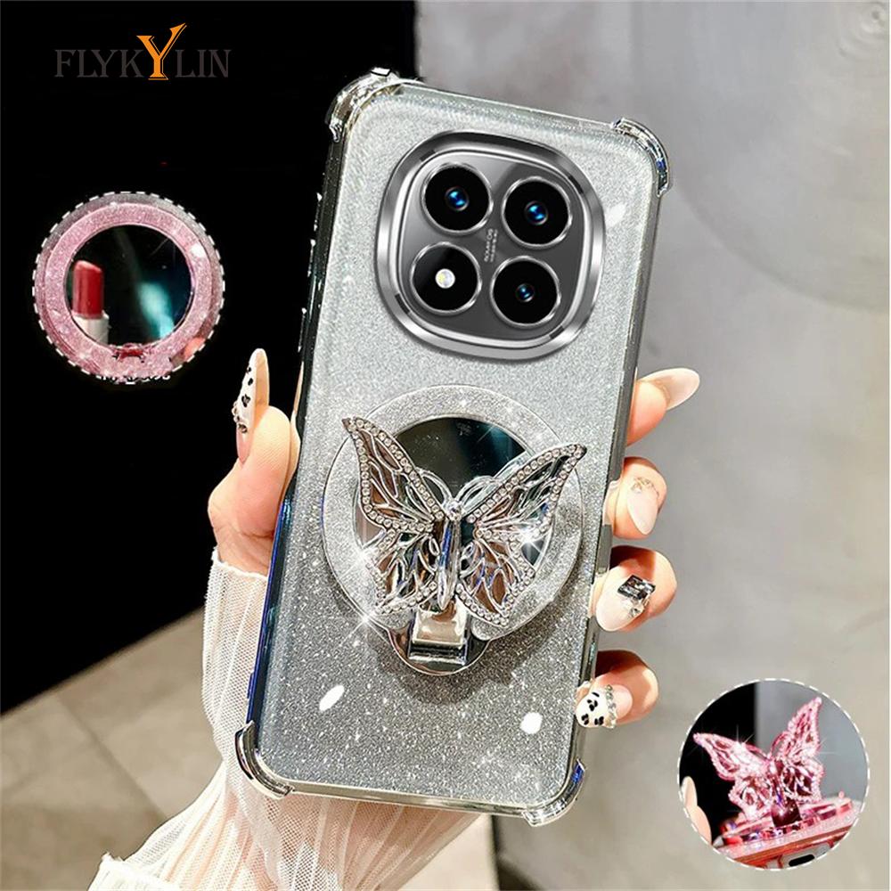 

Luxury Plating Butterfly Stand Mirror Phone Case For Xiaomi Redmi Note 14 13 Pro 5G 4G 11S 12 Soft Silicone Shockproof Cover Redmi Note 9