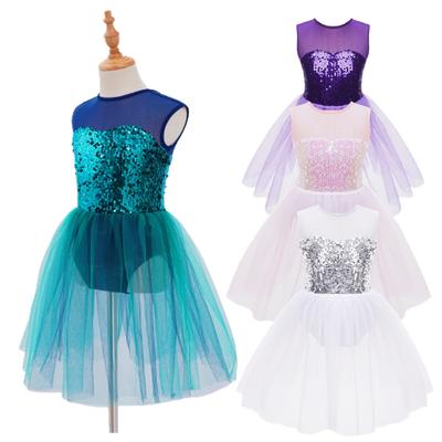 Leotardo Vestido Brillante con Lentejuelas para Niñas en Escenario Espalda Abierta Malla Vestido de Baile