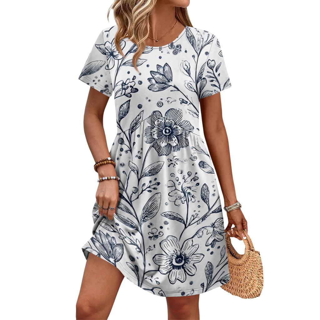 Women's Short Sleeve Floral Print Casual Dress Round Neck Waist Tie with Pockets Comfortable Fit Summer Dress