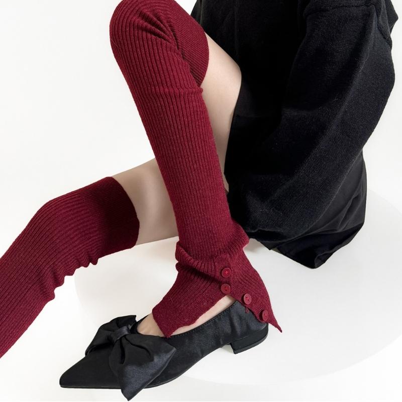 Japanese Ballet Styles Thigh High Leg Warmer Ribbed Knitted Split Buttons Over Knee Footless Socks for Fashionable Women
