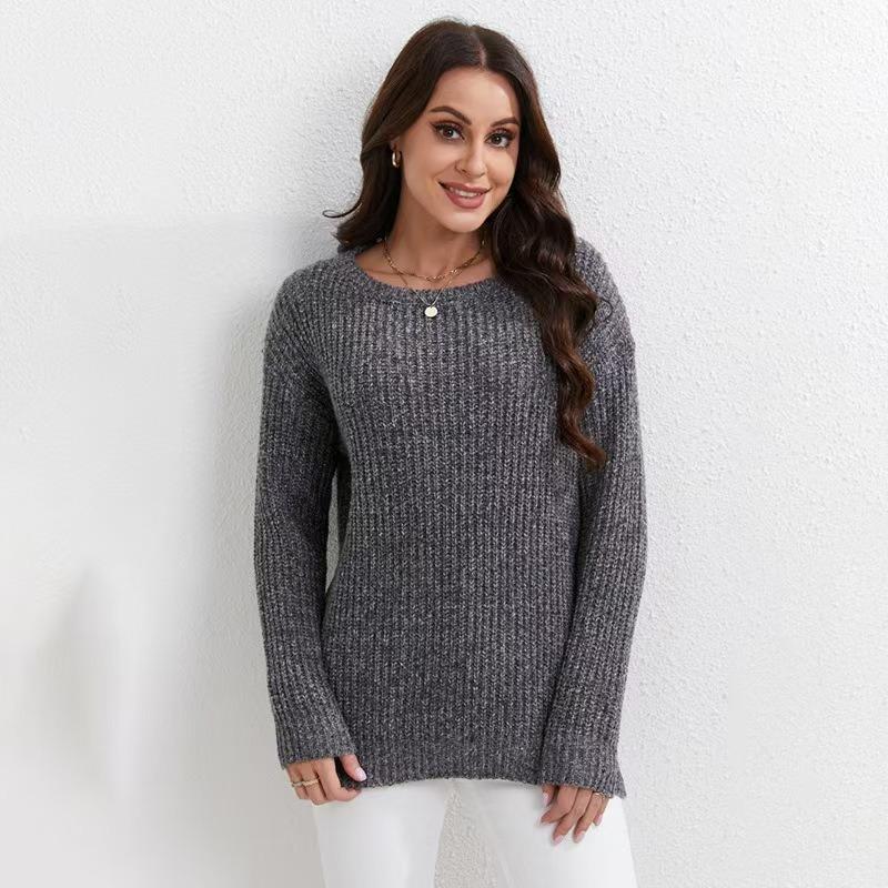 European American Solid Color Crew Neck Sweater Women's Autumn Winter New Loose Long-sleeved Pullover Sweater