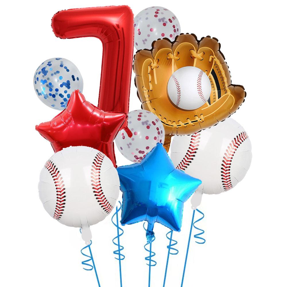 9pcs Baseball Themed Aluminum Foil Balloon Set 32inch Digital Pentagram Glitter Ball Children's Birthday Party Decoration