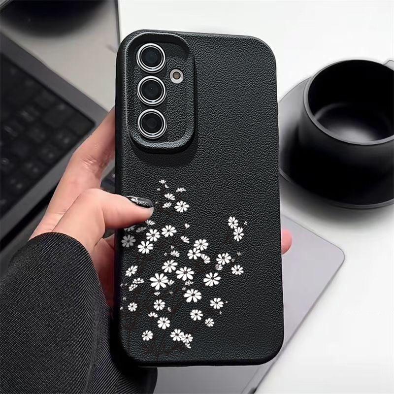Floral Print TPU Leather Texture Slim Phone Case For Samsung S25 Ultra S24 FE S23 S22 A56 A36 A16 A15 A55 A35 Matte Shockproof Soft Bumper Cover