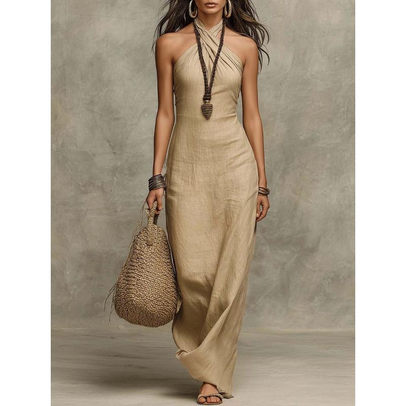 New women s slim-fit fashion temperament sleeveless neck dress S хаки