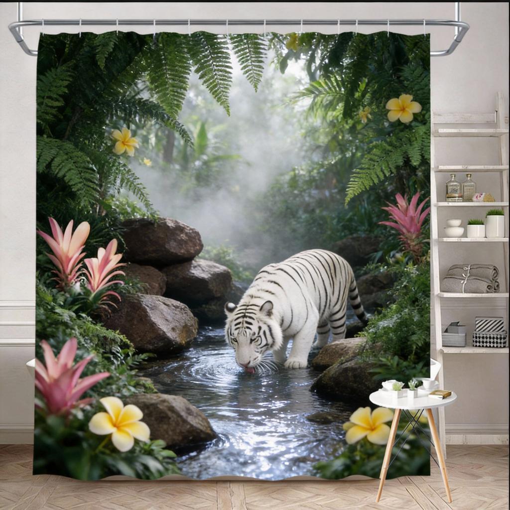 Jungle Shower Curtain 180x180cm – Majestic Tiger & Orchids, Tropical Rainforest Scene, 12 Hooks Bath Decorative Shower Curtain