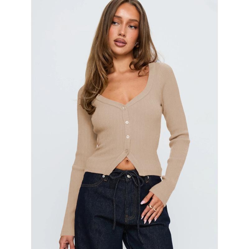 Women S V Neck Long Sleeve Ribbed Button Front Cardigan