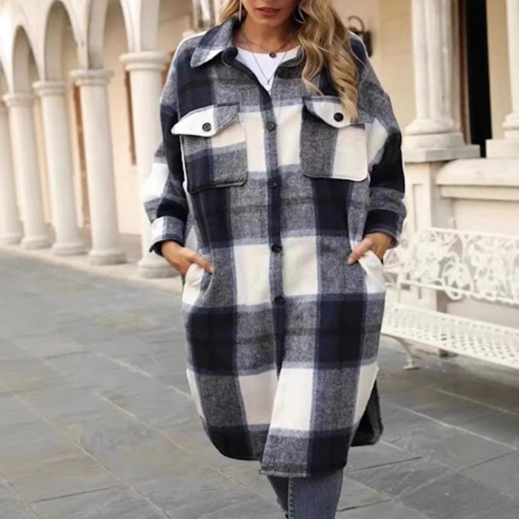 

2025 Autumn and Winter Casual Temperament Loose and Warm Long Sleeved Lapel Plaid Jacket S чёрный