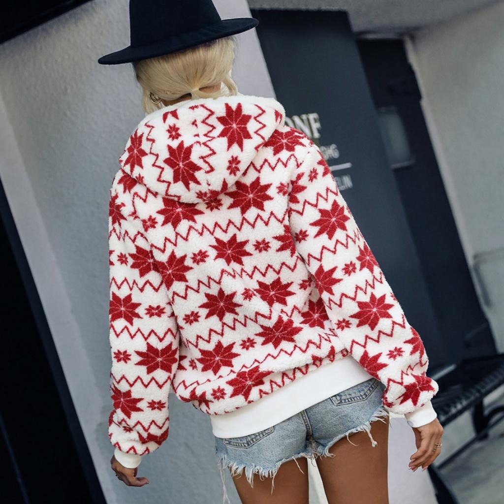 Podzimní a zimní dámská bunda Volná fleecová bunda s kapucí na zip Cardigan Vánoční bunda s potiskem