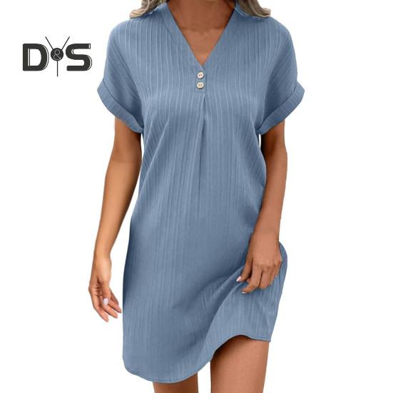 Summer Mini Dress Short Sleeves V Neck Loose Pure Color Dress Bohemian Buttons Casual Dress for Beach Vacation Daily Wear