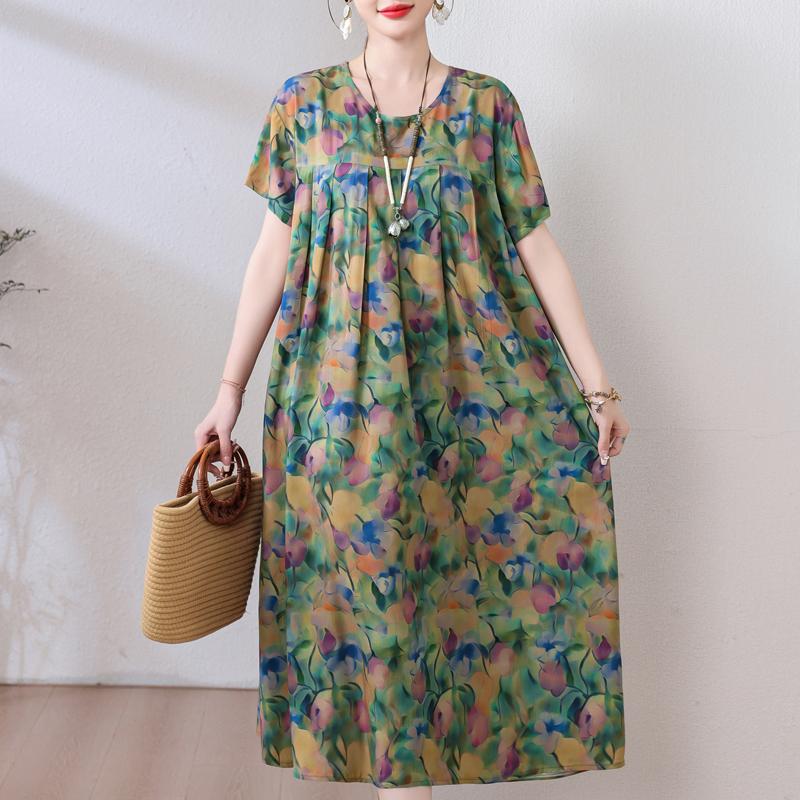 Plus Size Loose Vintage Print Langes Kleid für Damen Lässige Kurzarm-Sommer-Damenkleider