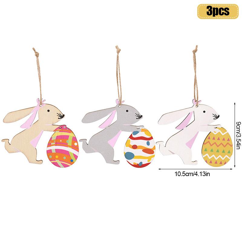 3Pcs Easter Cute Bunny Eggs Wooden Ornament Hanging Pendants with Rope 2025 Easter Home Decoration Kids Party Toy Gift Favors