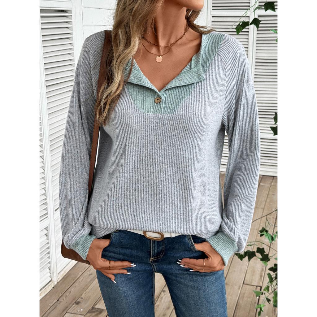 Women's Autumn Winter V-Neck Color Block Top, Oversized Drop Shoulder Long Sleeve Casual Loose Fit Sporty Streetwear Shirt
