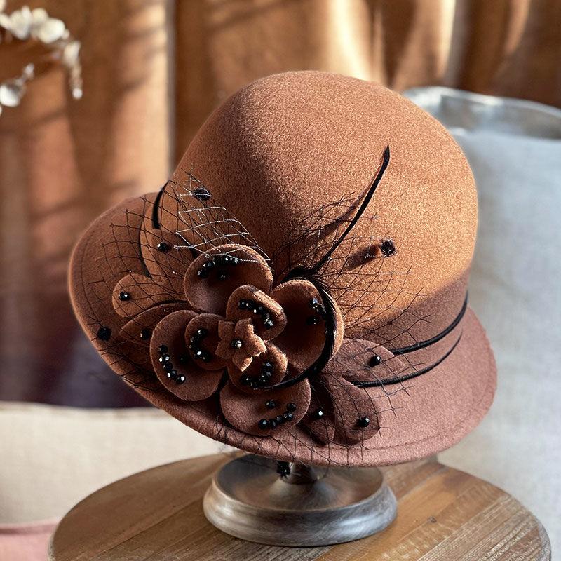 Autumn and Winter Felt Hat for Women, Round Top, Solid Color, Korean Style Fashion Flower Lady'S Hat