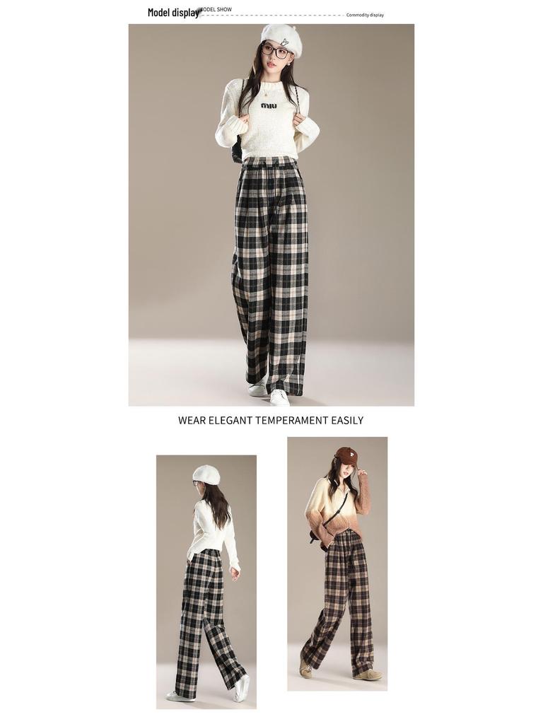 Women's Retro Wool Plaid Velvet-Lined Wide-Leg Pants