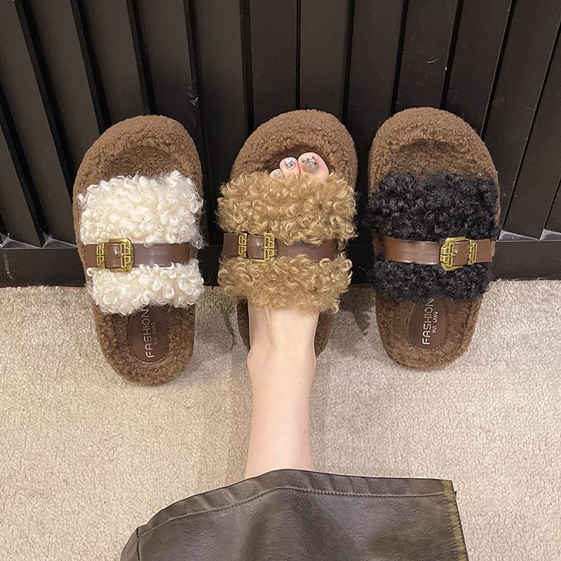 Lamb wool thick-soled fluffy slippers outer wear 2025 autumn and winter new one-word belt buckle home plush cotton slippers women