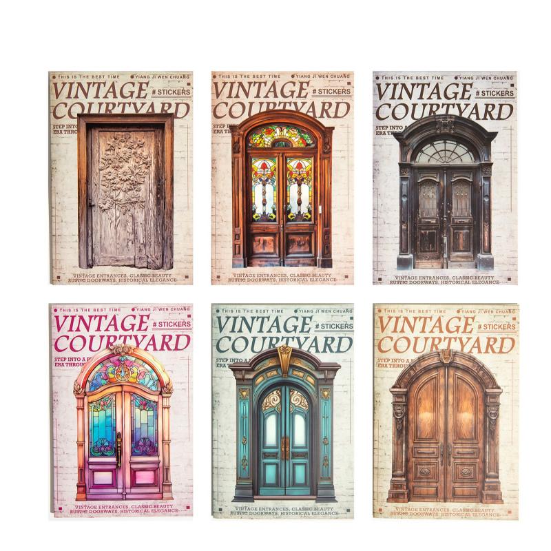 10-Sheet Vintage Wooden Door Theme Hard Card Stickers, Retro Door Frame Patterns & Sturdy Material, for Journal DIY