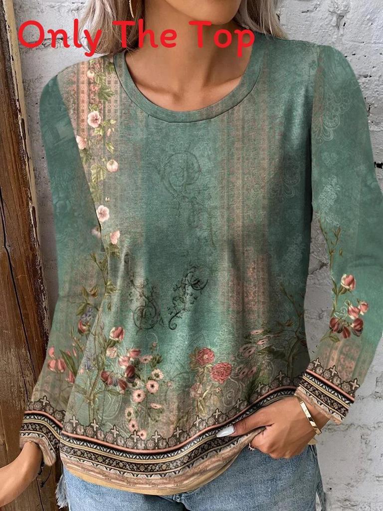 Landscape Print Long Sleeve T Shirt For Women With Polyester Fabric And Casual Style
