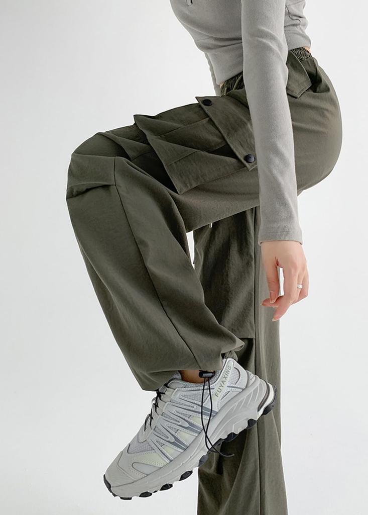 JHIJSC Autumn Cargo Solid Loose Plus Sizes Women's Pants, Wide-Leg, Color, Fit, Casual, Stylish, (JP, Alphabet, XL, Green)