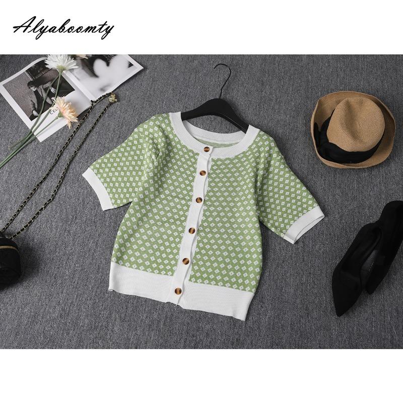 

Корейская мода летний женский трикотажный топ короткий O-образный вырез зеленый коричневый жаккардовый трикотажный свитер короткий рукав базовая универсальная футболка One Size зелёный