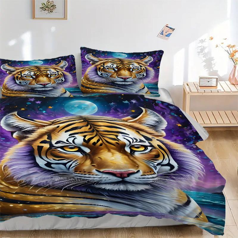 3pcs Tiger Moon Night Print Duvet Cover Set - Includes 1 Duvet Cover and 2 Pillowcases, No Quilt Core, All-Season Home Decor yy251111015