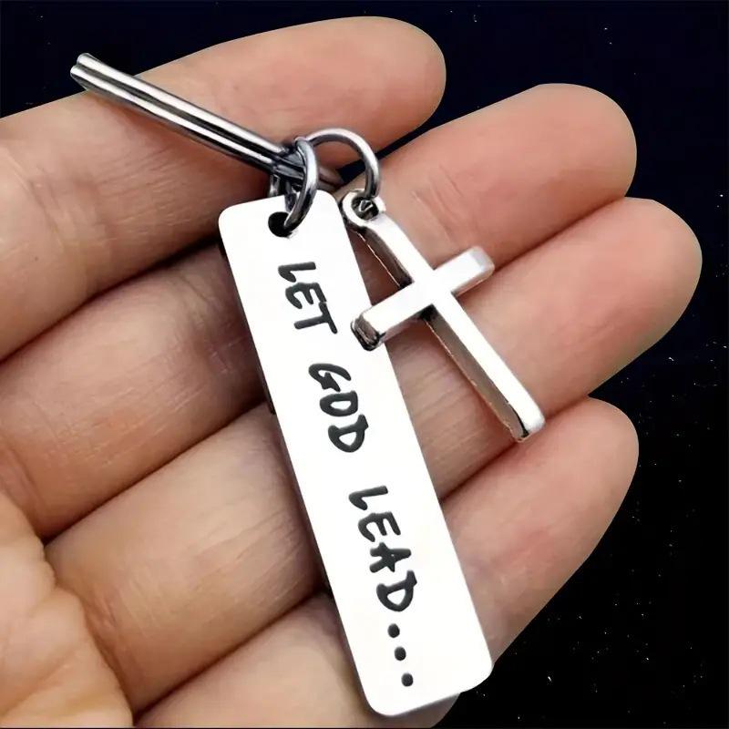 Stainless Steel Minimalist Keychain with Engravable 'LET GOD LEAD' Cross Pendant