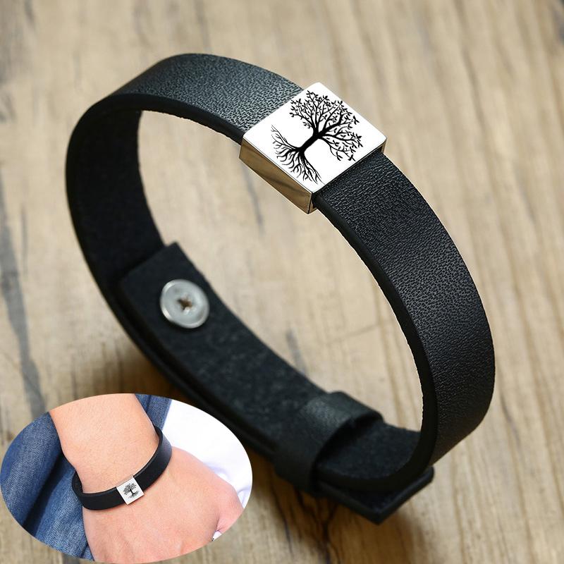 

Men Women Tree of life Leather Bracelet Personalize Engraving Stainless Steel Casual Customize Bangle Adjustable Jewelry No Word