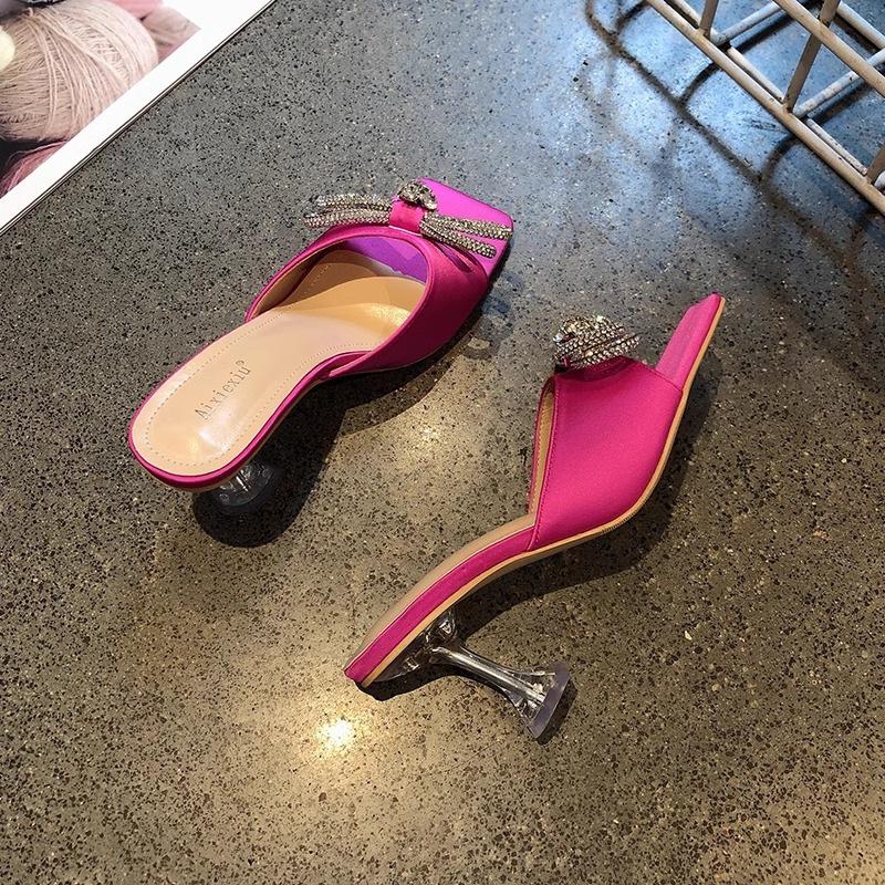 

Европейские и американские туфли на тонком каблуке со стразами, женские модные босоножки 2025 года с квадратной головкой, большого размера, с атласным бантом в одно слово 35 розы красного