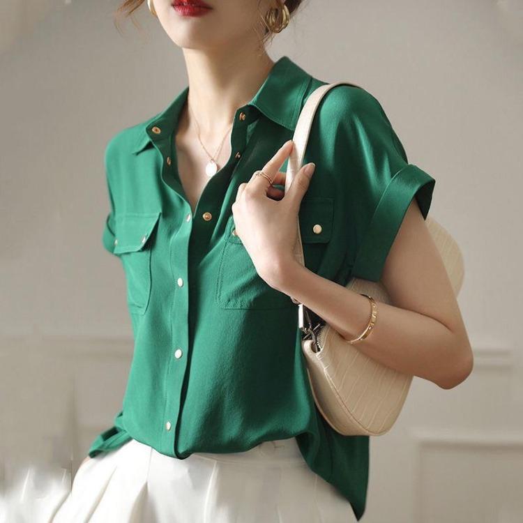Summer Women's White Chiffon Shirt Loose Short Sleeve Top Simple Fashion Solid Color New