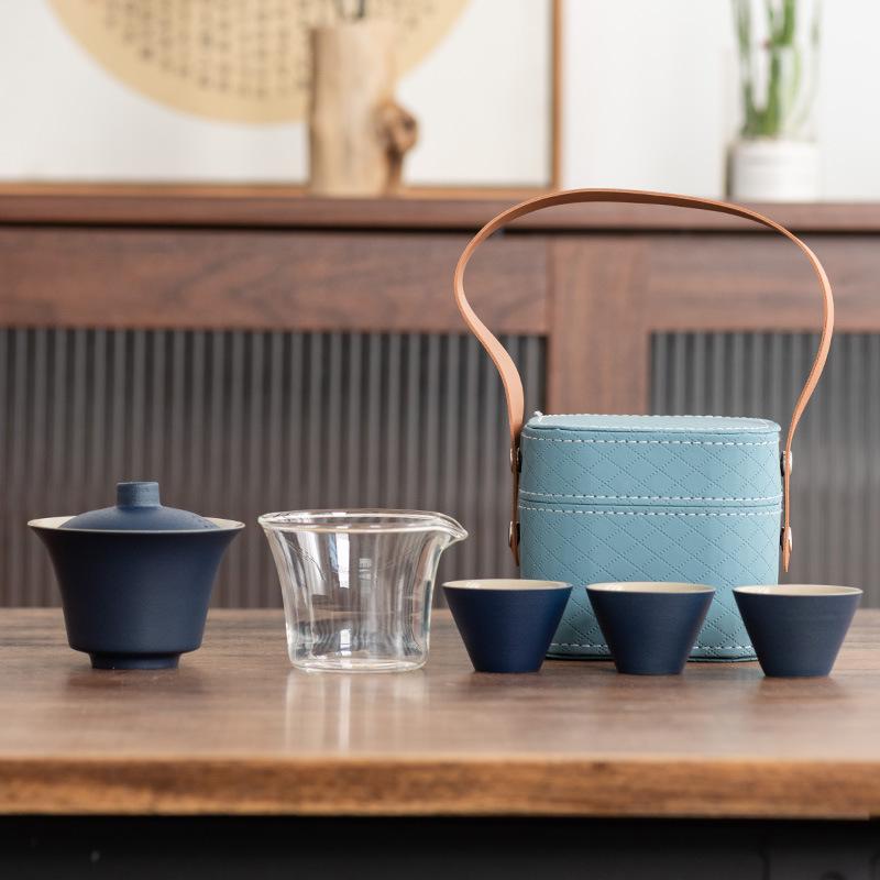 Light Luxury Travel Tea Set Cover Bowl Kuaike Three Cups Outdoor Portable Handbag High-end Ceramic Glass Tea Maker Gift