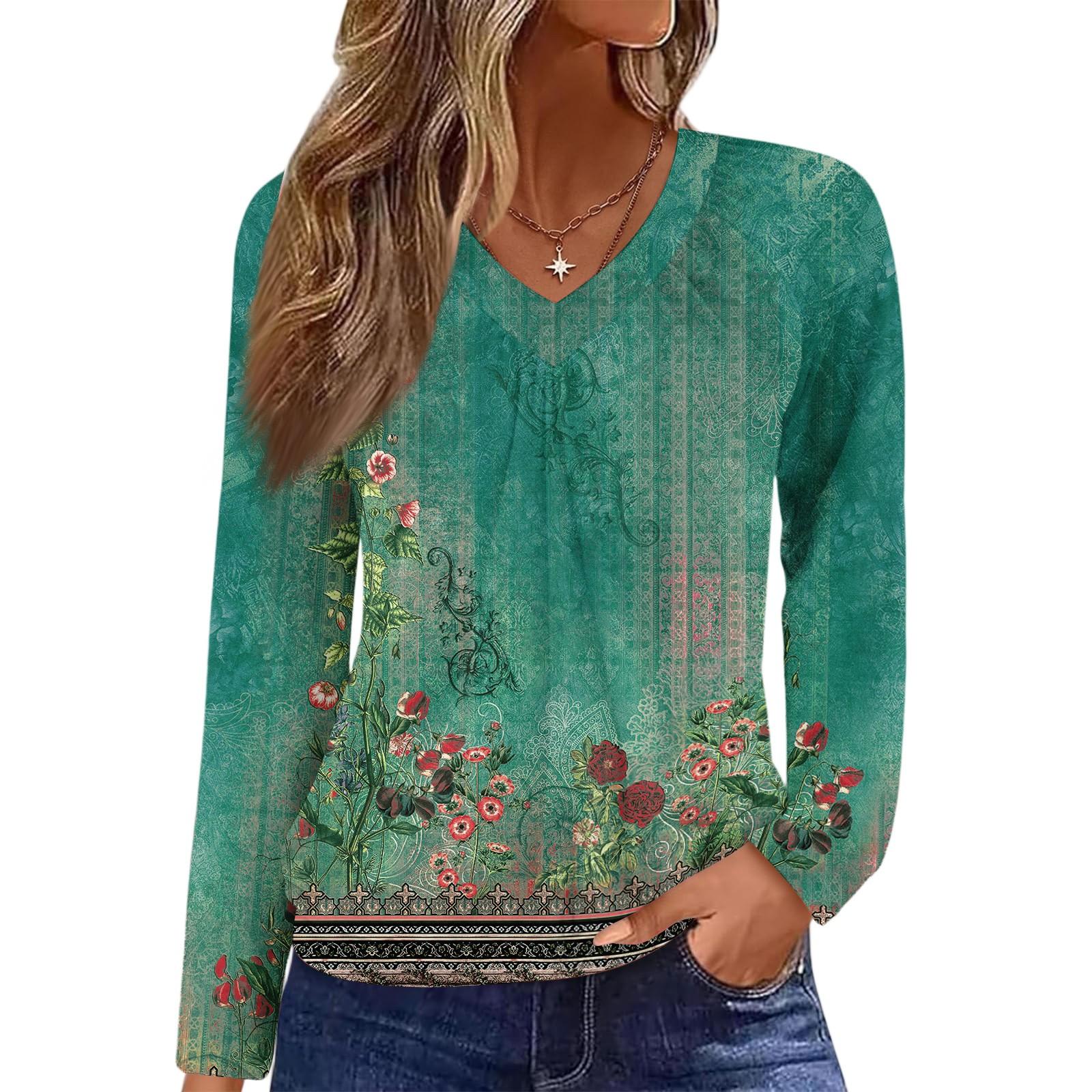 

Женский повседневный модный топ с V-образным вырезом, рукавами реглан, плиссировкой и цветочным принтом, с длинным рукавом M зелёный